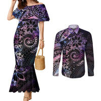 Polynesian Sunset Plumeria Couples Matching Mermaid Dress and Long Sleeve Button Shirt Galaxy Polynesian Tattoo LT05 Galaxy - Polynesian Pride