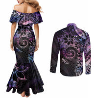 Polynesian Sunset Plumeria Couples Matching Mermaid Dress and Long Sleeve Button Shirt Galaxy Polynesian Tattoo LT05 - Polynesian Pride