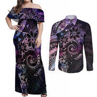 Polynesian Sunset Plumeria Couples Matching Off Shoulder Maxi Dress and Long Sleeve Button Shirt Galaxy Polynesian Tattoo