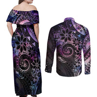 Polynesian Sunset Plumeria Couples Matching Off Shoulder Maxi Dress and Long Sleeve Button Shirt Galaxy Polynesian Tattoo