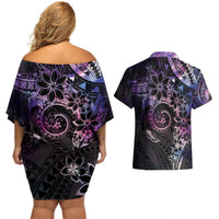 Polynesian Sunset Plumeria Couples Matching Off Shoulder Short Dress and Hawaiian Shirt Galaxy Polynesian Tattoo LT05 - Polynesian Pride