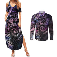 Polynesian Sunset Plumeria Couples Matching Summer Maxi Dress and Long Sleeve Button Shirt Galaxy Polynesian Tattoo