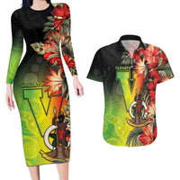 Aboriginal Dot Art Vanuatu Personalised Couples Matching Long Sleeve Bodycon Dress and Hawaiian Shirt Tropical Flowers