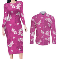Hawaii Monstera Deliciosa Couples Matching Long Sleeve Bodycon Dress and Long Sleeve Button Shirt Pink Plumeria Polynesian Pattern - Polynesian Pride