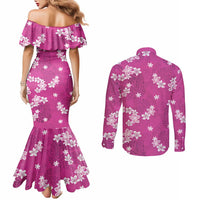 Hawaii Monstera Deliciosa Couples Matching Mermaid Dress and Long Sleeve Button Shirt Pink Plumeria Polynesian Pattern - Polynesian Pride