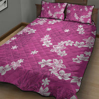 Hawaii Monstera Deliciosa Quilt Bed Set Pink Plumeria Polynesian Pattern - Polynesian Pride