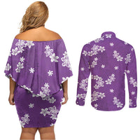 Hawaii Monstera Deliciosa Couples Matching Off Shoulder Short Dress and Long Sleeve Button Shirt Purple Plumeria Polynesian Pattern - Polynesian Pride