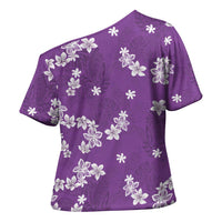 Hawaii Monstera Deliciosa Cross Shoulder Shirt Purple Plumeria Polynesian Pattern - Polynesian Pride