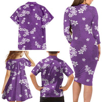 Hawaii Monstera Deliciosa Family Matching Long Sleeve Bodycon Dress and Hawaiian Shirt Purple Plumeria Polynesian Pattern - Polynesian Pride