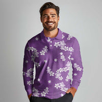 Hawaii Monstera Deliciosa Long Sleeve Polo Shirt Purple Plumeria Polynesian Pattern - Polynesian Pride