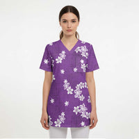 Hawaii Monstera Deliciosa Scrub Top Purple Plumeria Polynesian Pattern LT05 - Polynesian Pride