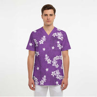 Hawaii Monstera Deliciosa Scrub Top Purple Plumeria Polynesian Pattern LT05 - Polynesian Pride
