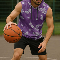 Hawaii Monstera Deliciosa Sleeveless Hoodie Purple Plumeria Polynesian Pattern - Polynesian Pride