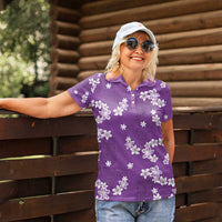 Hawaii Monstera Deliciosa Women Polo Shirt Purple Plumeria Polynesian Pattern - Polynesian Pride