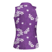 Hawaii Monstera Deliciosa Women Sleeveless Polo Shirt Purple Plumeria Polynesian Pattern - Polynesian Pride