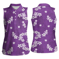 Hawaii Monstera Deliciosa Women Sleeveless Polo Shirt Purple Plumeria Polynesian Pattern - Polynesian Pride