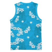 Hawaii Monstera Deliciosa Basketball Jersey Blue Plumeria Polynesian Pattern - Polynesian Pride