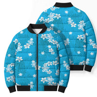 Hawaii Monstera Deliciosa Bomber Puffer Jacket Blue Plumeria Polynesian Pattern - Polynesian Pride