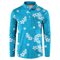 Hawaii Monstera Deliciosa Button Sweatshirt Blue Plumeria Polynesian Pattern - Polynesian Pride