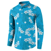 Hawaii Monstera Deliciosa Button Sweatshirt Blue Plumeria Polynesian Pattern - Polynesian Pride
