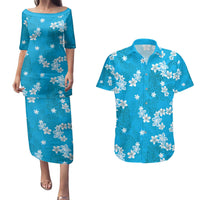 Hawaii Monstera Deliciosa Couples Matching Puletasi and Hawaiian Shirt Blue Plumeria Polynesian Pattern - Polynesian Pride
