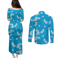 Hawaii Monstera Deliciosa Couples Matching Puletasi and Long Sleeve Button Shirt Blue Plumeria Polynesian Pattern - Polynesian Pride