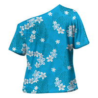 Hawaii Monstera Deliciosa Cross Shoulder Shirt Blue Plumeria Polynesian Pattern - Polynesian Pride