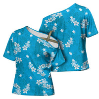 Hawaii Monstera Deliciosa Cross Shoulder Shirt Blue Plumeria Polynesian Pattern - Polynesian Pride