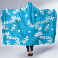 Hawaii Monstera Deliciosa Hooded Blanket Blue Plumeria Polynesian Pattern - Polynesian Pride