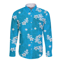 Hawaii Monstera Deliciosa Long Sleeve Button Shirt Blue Plumeria Polynesian Pattern - Polynesian Pride