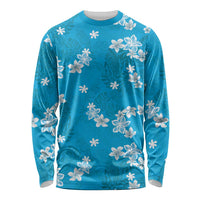 Hawaii Monstera Deliciosa Long Sleeve Shirt Blue Plumeria Polynesian Pattern - Polynesian Pride