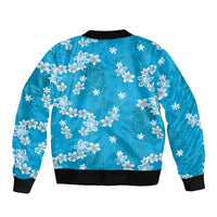 Hawaii Monstera Deliciosa Sleeve Zip Bomber Jacket Blue Plumeria Polynesian Pattern - Polynesian Pride