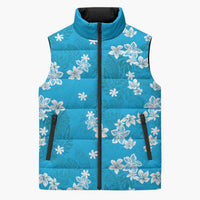 Hawaii Monstera Deliciosa Sleeveless Puffer Jacket Blue Plumeria Polynesian Pattern - Polynesian Pride