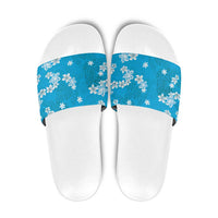 Hawaii Monstera Deliciosa Slide Sandals Blue Plumeria Polynesian Pattern - Polynesian Pride