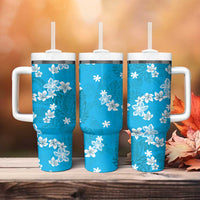Hawaii Monstera Deliciosa Tumbler With Handle Blue Plumeria Polynesian Pattern - Polynesian Pride