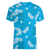 Hawaii Monstera Deliciosa Women V-Neck T-Shirt Blue Plumeria Polynesian Pattern - Polynesian Pride