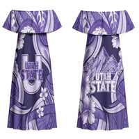 Utah State Polynesian Heritage Couples Matching Off Shoulder Maxi Dress and Long Sleeve Button Shirt Floral Tribal Pattern Tropical Flowers LT05 - Polynesian Pride