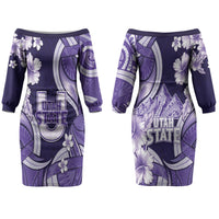 Utah State Polynesian Heritage Couples Matching Off The Shoulder Long Sleeve Dress and Long Sleeve Button Shirt Floral Tribal Pattern Tropical Flowers LT05 - Polynesian Pride