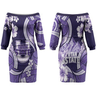 Utah State Polynesian Heritage Family Matching Off The Shoulder Long Sleeve Dress and Hawaiian Shirt Floral Tribal Pattern Tropical Flowers LT05 Mom's Dress Purple - Polynesian Pride