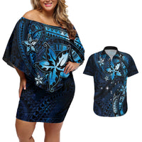 Hawaii Makahiki Season Couples Matching Off Shoulder Short Dress and Hawaiian Shirt Floral Tribal Tattoo Blue Galaxy