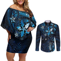 Hawaii Makahiki Season Couples Matching Off Shoulder Short Dress and Long Sleeve Button Shirt Floral Tribal Tattoo Blue Galaxy
