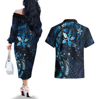 Hawaii Makahiki Season Couples Matching Off The Shoulder Long Sleeve Dress and Hawaiian Shirt Floral Tribal Tattoo Blue Galaxy