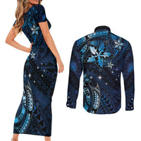 Hawaii Makahiki Season Couples Matching Short Sleeve Bodycon Dress and Long Sleeve Button Shirt Floral Tribal Tattoo Blue Galaxy