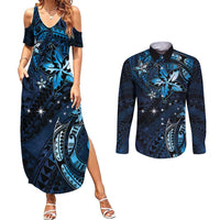 Hawaii Makahiki Season Couples Matching Summer Maxi Dress and Long Sleeve Button Shirt Floral Tribal Tattoo Blue Galaxy