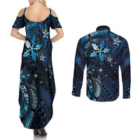 Hawaii Makahiki Season Couples Matching Summer Maxi Dress and Long Sleeve Button Shirt Floral Tribal Tattoo Blue Galaxy