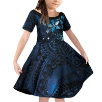 Hawaii Makahiki Season Family Matching Off Shoulder Short Dress and Hawaiian Shirt Floral Tribal Tattoo Blue Galaxy