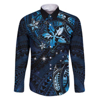 Hawaii Makahiki Season Family Matching Puletasi and Hawaiian Shirt Floral Tribal Tattoo Blue Galaxy LT05 Dad's Shirt - Long Sleeve Blue - Polynesian Pride