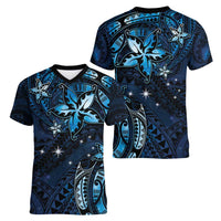 Hawaii Makahiki Season Women V-Neck T-Shirt Floral Tribal Tattoo Blue Galaxy LT05 - Polynesian Pride