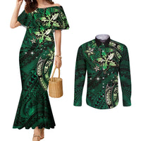 Hawaii Makahiki Season Couples Matching Mermaid Dress and Long Sleeve Button Shirt Floral Tribal Tattoo Green Galaxy