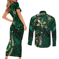 Hawaii Makahiki Season Couples Matching Short Sleeve Bodycon Dress and Long Sleeve Button Shirt Floral Tribal Tattoo Green Galaxy